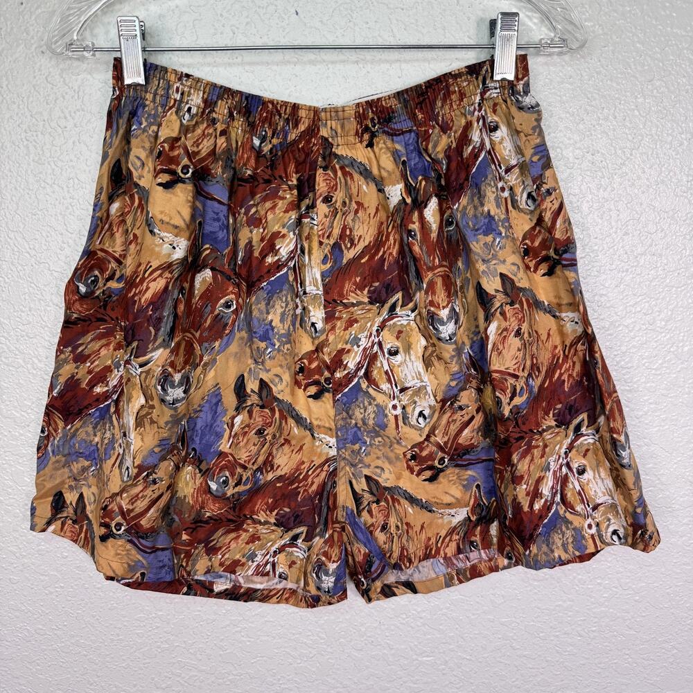 Vintage Boxer Shorts Womens Medium Horse Print Cotton Elastic Waist Equestrian